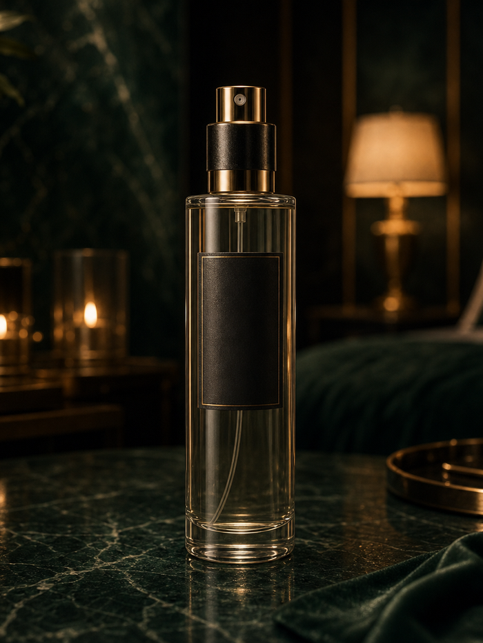 L'Essence du Boudoir linen and room fragrance in VÉLDIS emerald luxury setting