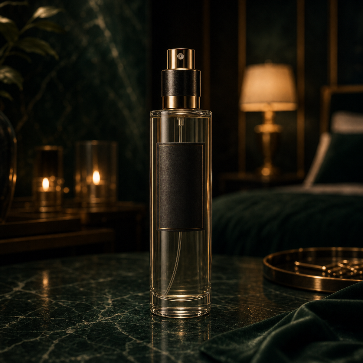 L'Essence du Boudoir linen and room fragrance in VÉLDIS emerald luxury setting