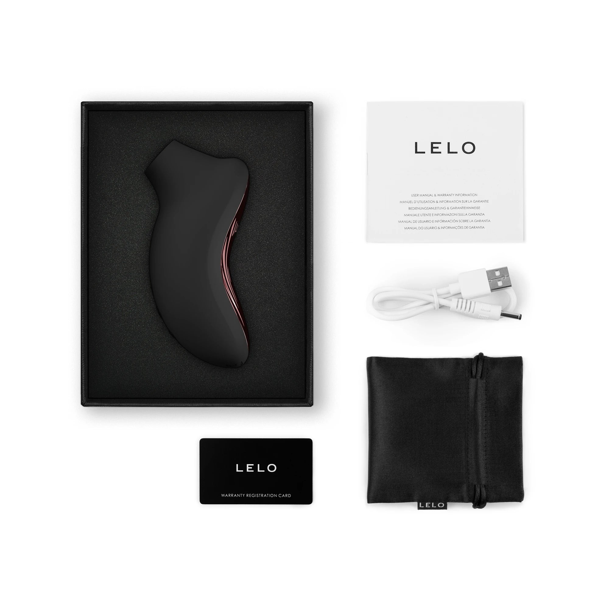 LELO SONA 3 Cruise Black with charging cable, storage pouch, warranty card and manual